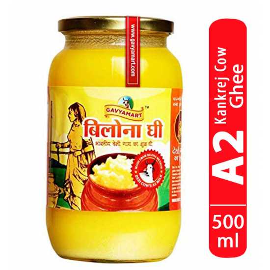 Gavyamart Ghee in Pantry, 100% Pure Kankrej A2 Cow Desi Ghee Non GMO - Made Using Traditional Bilona Method Ghee 500 ML - Glass Ghee jar Pack - A2 Ghee Cow Organic Ghee 500 ml Glass Bottle