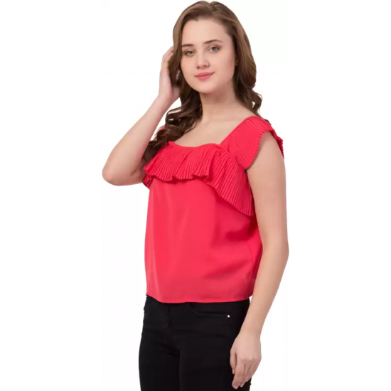 Casual No Sleeve Solid Women Red Top