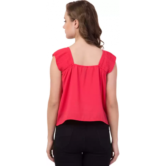 Casual No Sleeve Solid Women Red Top