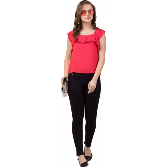 Casual No Sleeve Solid Women Red Top