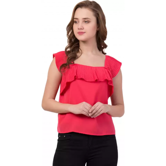 Casual No Sleeve Solid Women Red Top