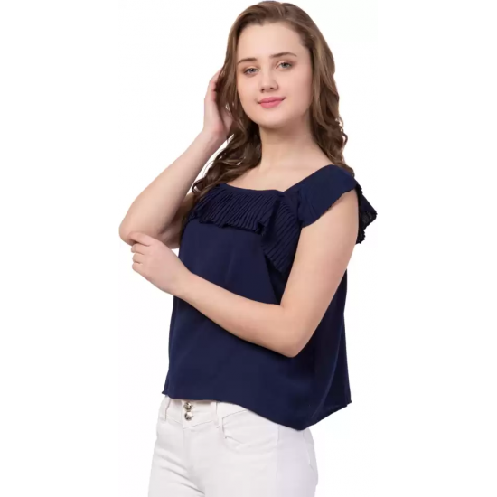 Casual No Sleeve Solid Women Navy Blue Top