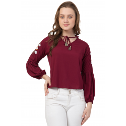 Casual Long Sleeve Maroon Rayon Embroidered Top Casual Long Sleeve Maroon Rayon Embroidered Top