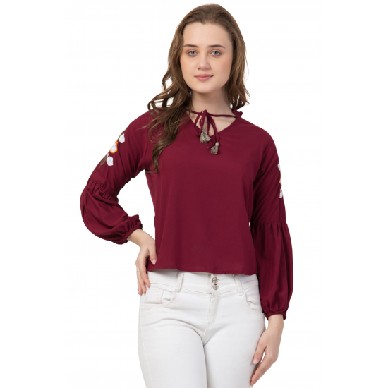 Casual Long Sleeve Maroon Rayon Embroidered Top