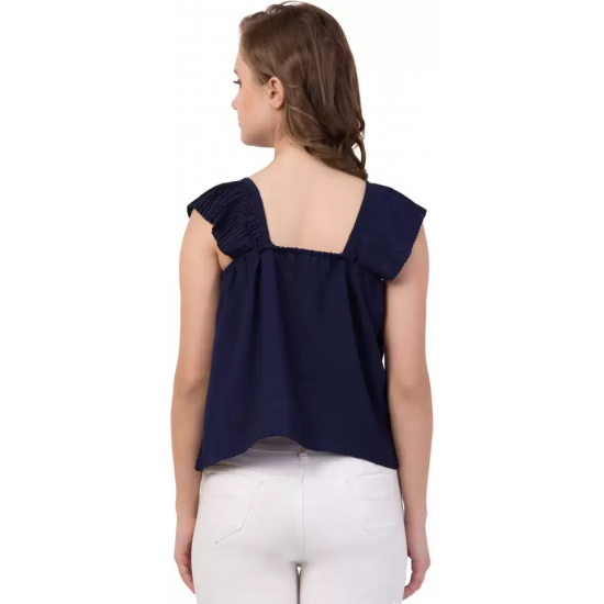 Casual No Sleeve Solid Women Navy Blue Top