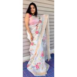 Silk Linen Saree with Beautiful Embroidered Design and Running Blouse Piece Silk Linen Saree with Beautiful Embroidered Design and Running Blouse Piece