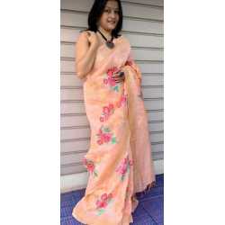 Silk Linen Saree with Beautiful Embroidered Design and Running Blouse Piece