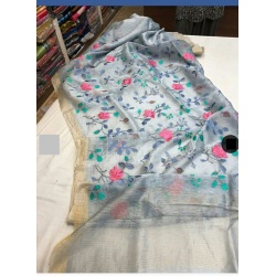 Silk Linen Saree with Beautiful Embroidered Design and Running Blouse Piece