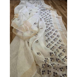 Silk Linen Saree with Beautiful Embroidered Design and Running Blouse Piece