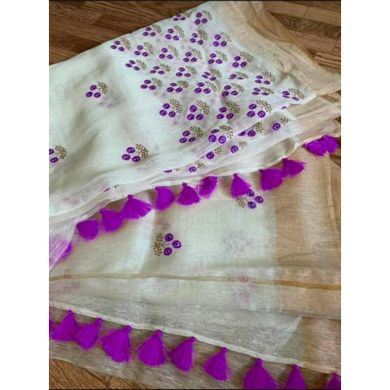 Silk Linen Saree with Beautiful Embroidered Design and Running Blouse Piece