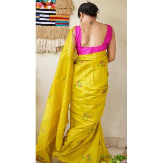 Tussar Ghicha Silk Saree with Beautiful Embroidered Design and Running Blouse Piece