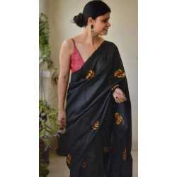 Tussar Ghicha Silk Saree with Beautiful Embroidered Design and Running Blouse Piece