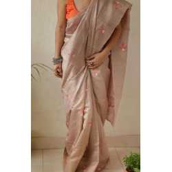 Tussar Ghicha Silk Saree with Beautiful Embroidered Design and Running Blouse Piece