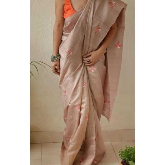 Tussar Ghicha Silk Saree with Beautiful Embroidered Design and Running Blouse Piece