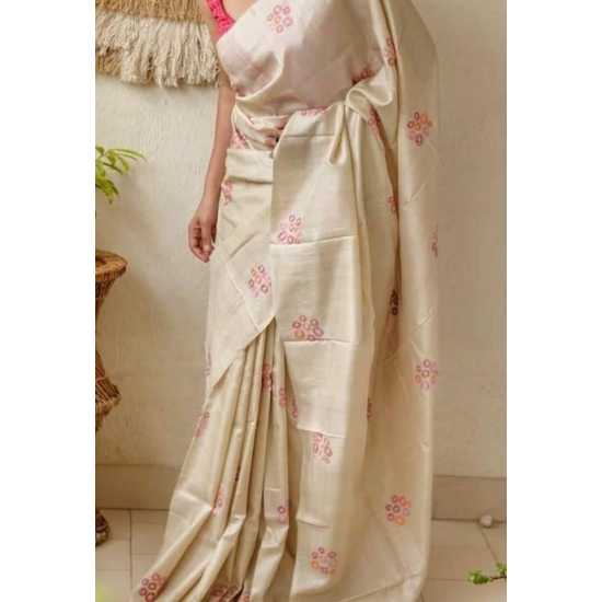Tussar Ghicha Silk Saree with Beautiful Embroidered Design and Running Blouse Piece Tussar Ghicha Silk Saree with Beautiful Embroidered Design and Running Blouse Piece