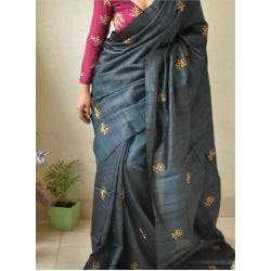 Tussar Ghicha Silk Saree with Beautiful Embroidered Design and Running Blouse Piece