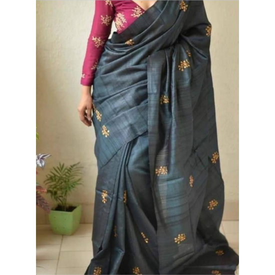 Tussar Ghicha Silk Saree with Beautiful Embroidered Design and Running Blouse Piece