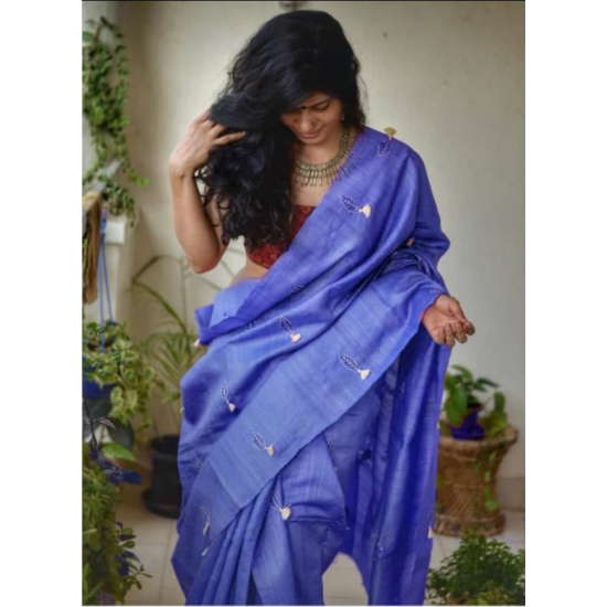 Tussar Ghicha Silk Saree with Beautiful Embroidered Design and Running Blouse Piece Tussar Ghicha Silk Saree with Beautiful Embroidered Design and Running Blouse Piece