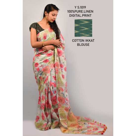 100% Pure Linen by Linen Digital Print Saree 