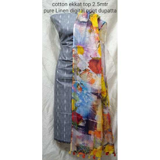 Linen Digital Print Dupatta with Cotton Ikkat Top Fabrics and No Bottom