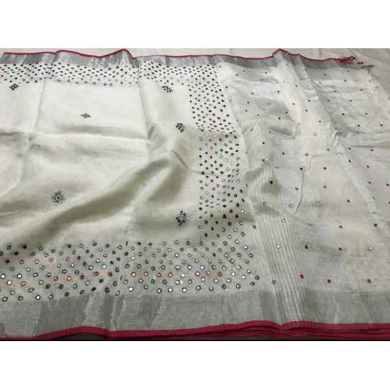 Beautiful Hand Mirror Work Designer Linen by Linen Saree Beautiful Hand Mirror Work Designer Linen by Linen Saree