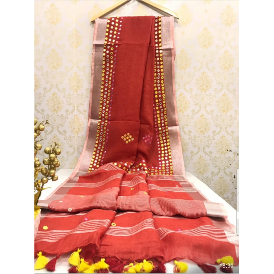 Beautiful Hand Mirror Work Designer Linen by Linen Saree Beautiful Hand Mirror Work Designer Linen by Linen Saree