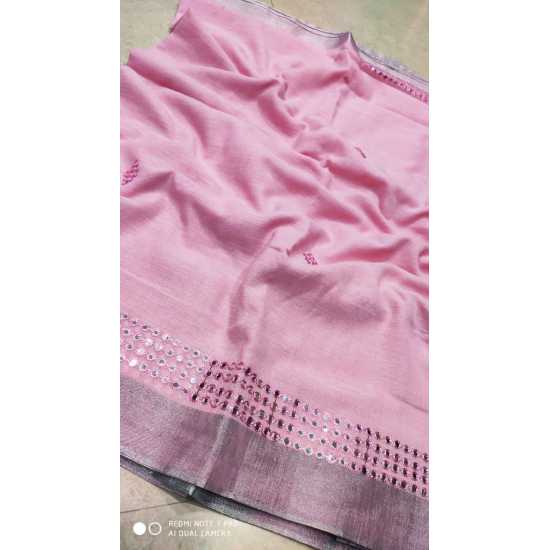 Beautiful Hand Mirror Work Designer Linen by Linen Saree Beautiful Hand Mirror Work Designer Linen by Linen Saree