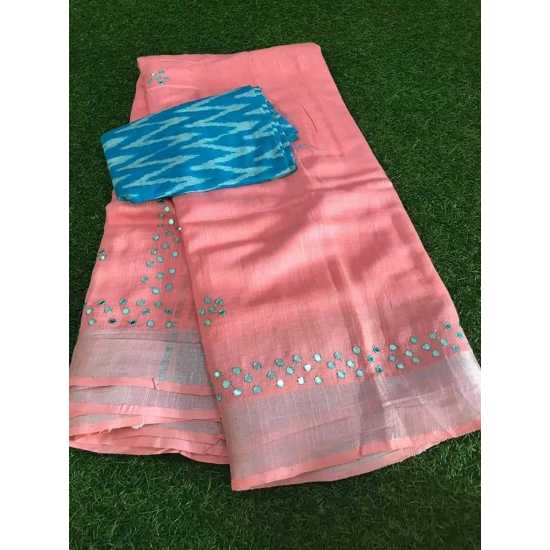 Beautiful Hand Mirror Work Designer Linen by Linen Saree Beautiful Hand Mirror Work Designer Linen by Linen Saree