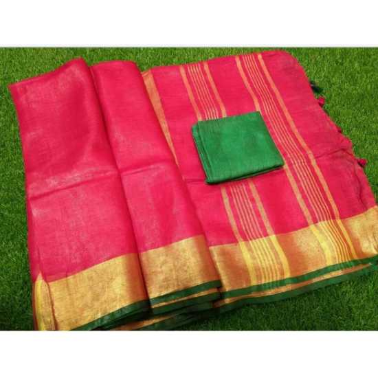 100% Pure Linen by Linen Saree with Running Blouse Piece