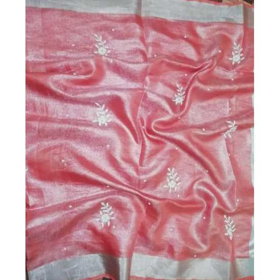 Tissue by Linen Saree with Hand Work Embroidery