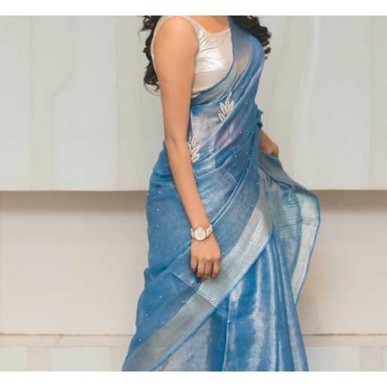 Tissue by Linen Saree with Hand Work Embroidery